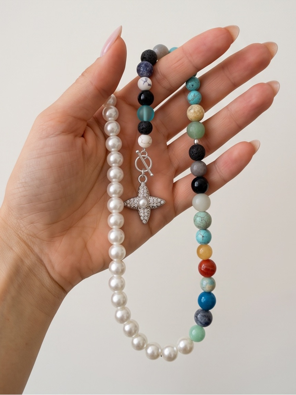 Multicolor Beaded Pearl Toggle Necklace Gemstone 24 inch